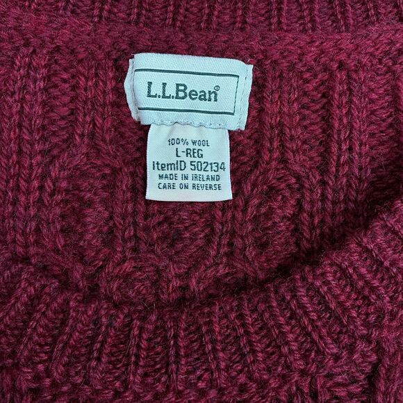 LL Bean Irish Wool Cable Knit Sweater Women's L Red Aran Fisherman Crew Ireland - Picture 9 of 11